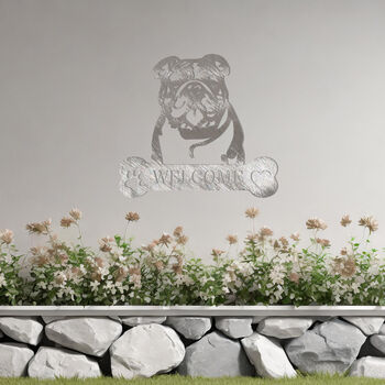 Customisable Bulldog Welcome Metal Wall Art Sign For Home And Garden Decor, 5 of 11