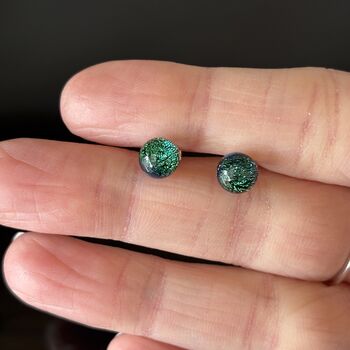 Green Sparkly Fused Glass Sterling Silver Stud Earrings, 2 of 9