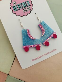 Blue And Pink Roller Skate Earrings / Disco Ball Sparkle Jewellery Skating Gift / Skate Lover Gift / 80s Disco Aesthetic Jewellery, 3 of 5