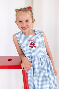 Blue Gingham Embroidered Personalised Cherry Smock Dress, 3 of 7