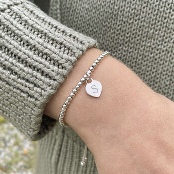 Sterling Silver Ball Slider Bracelet With Personalised Initial Dainty Heart Charm, 5 of 11