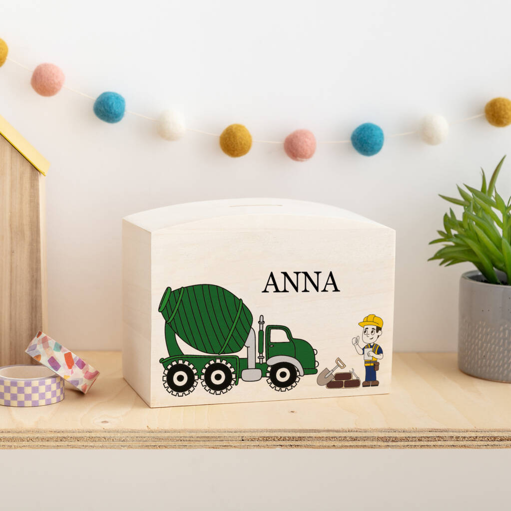Personalised Cement Mixer Construction Wood Piggy Bank, 1 of 4