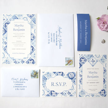 Blue White Portuguese Tiles Save The Date, 3 of 3