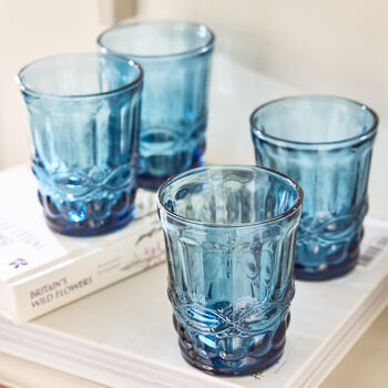 Set Of Four Sapphire Blue Glass Tumblers, 3 of 6
