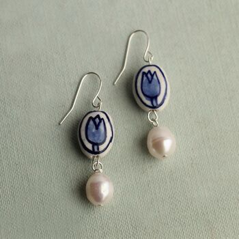 Delft Tulip Earrings With Freshwater Pearl, 3 of 7