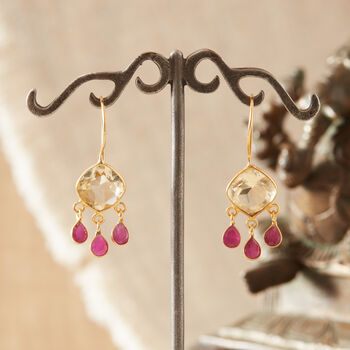 Citrine And Ruby Gold And Silver Dangly Drop Earrings, 8 of 11
