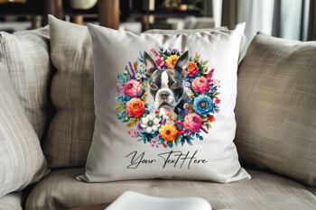 Personalised Boston Terrier Summer Floral Dog Wreath Cushion And Mug Gift Bundle, 4 of 4