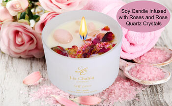 Spa Gift Set For Women / Rose Candle With Rose Quartz Crystals And Flowers, Shower Steamers, English Rose Essential Oil, 5 of 9