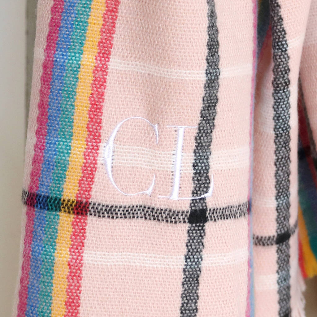 Personalised Embroidered Rainbow Tartan Blanket Scarf By Lisa Angel