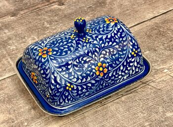 Handpainted Blue Swirl Patterned Butter Dish, 4 of 5