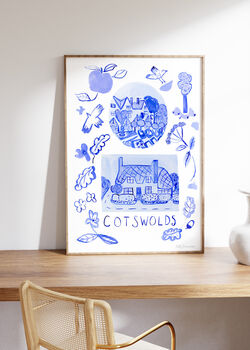 Cotswolds Art Print Inspired By Blue Portuguese Tiles, 3 of 3