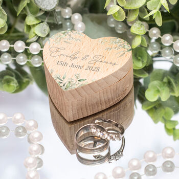 Eucalyptus Printed Wooden Heart Wedding Ring Box, 2 of 2