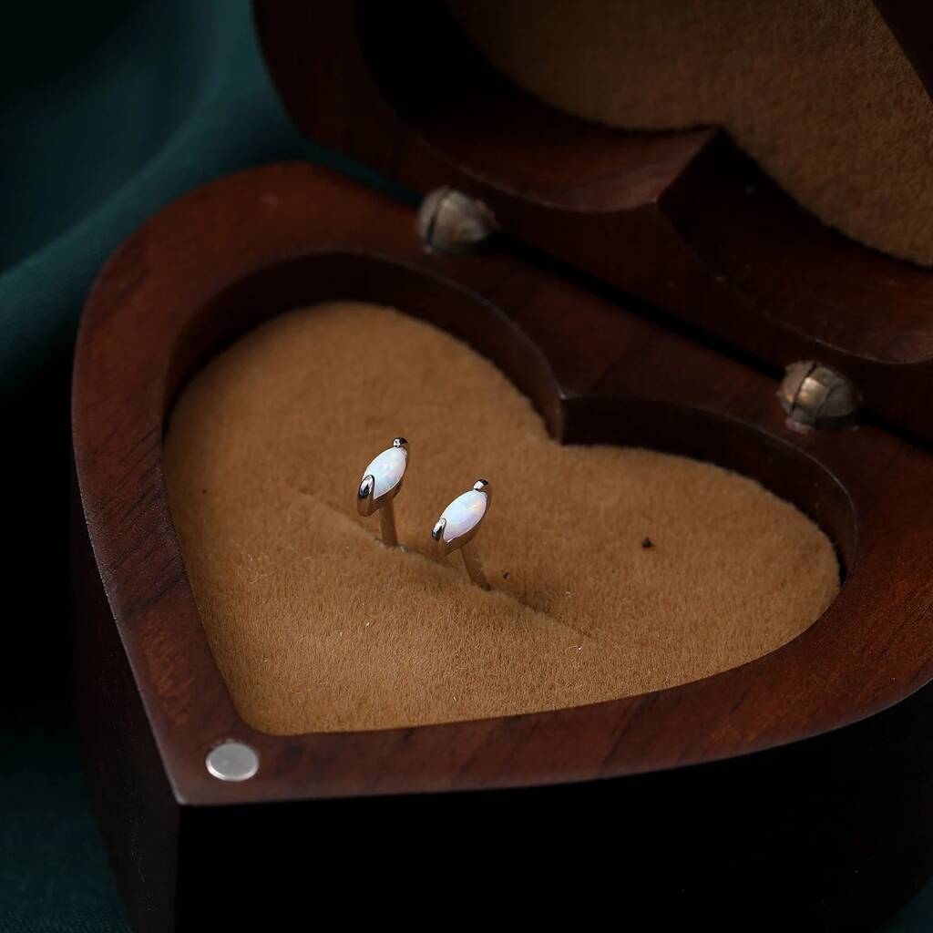 White Opal Marquise Stud Earrings In Sterling Silver, 1 of 9