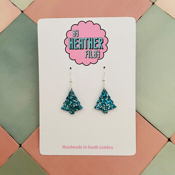 Snowfall / Blue Glitter Christmas Tree Earrings Small And Large, 5 of 10