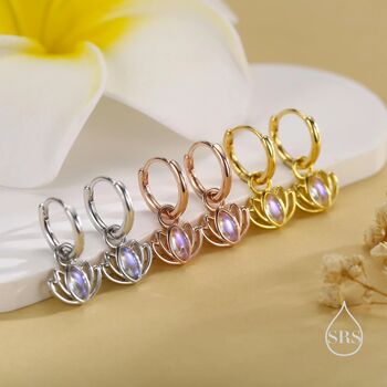 Lotus Flower Huggie Hoop Earrings With Lab Moonstone In Sterling Silver, 4 of 11