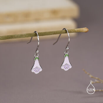 Sterling Silver Enamel Foxglove Flower Drop Earrings, 3 of 11
