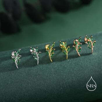 Sterling Silver Emerald Green Leaf Internally Threaded Flat Back / Screw Back / Stud Earrings, 5 of 12