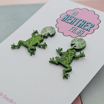 Glittery Frog Green Resin Earrings – Handmade Statement Pieces, 4 of 4