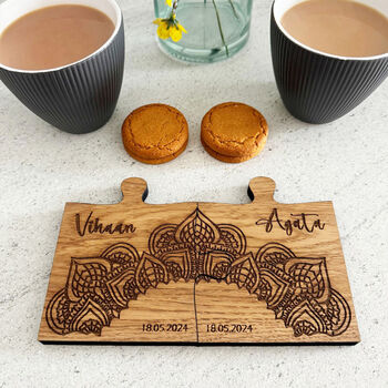 Oak Veneer Personalised Jigsaw Coasters Hindu Design, 5 of 7