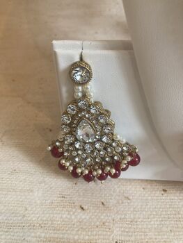 Indian Kundan Silver Maroon Pearl Mala Set, 7 of 9