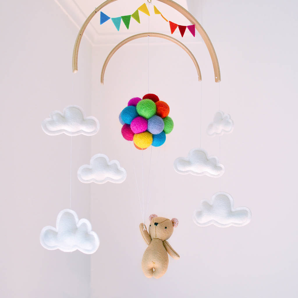 Teddy Bear Flying With Rainbow Balloons Nursery Mobile, 1 of 12