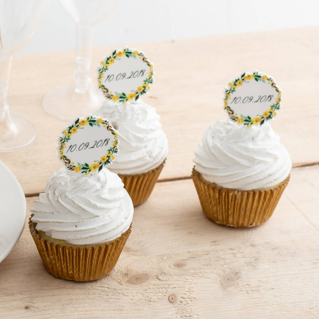 Personalised Floral Wedding Date Cupcake Topper Set By Funky Laser
