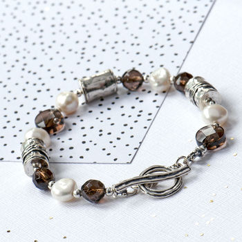 Freshwater Pearl And Smoky Quartz T Bar Silver Bracelet, 3 of 9