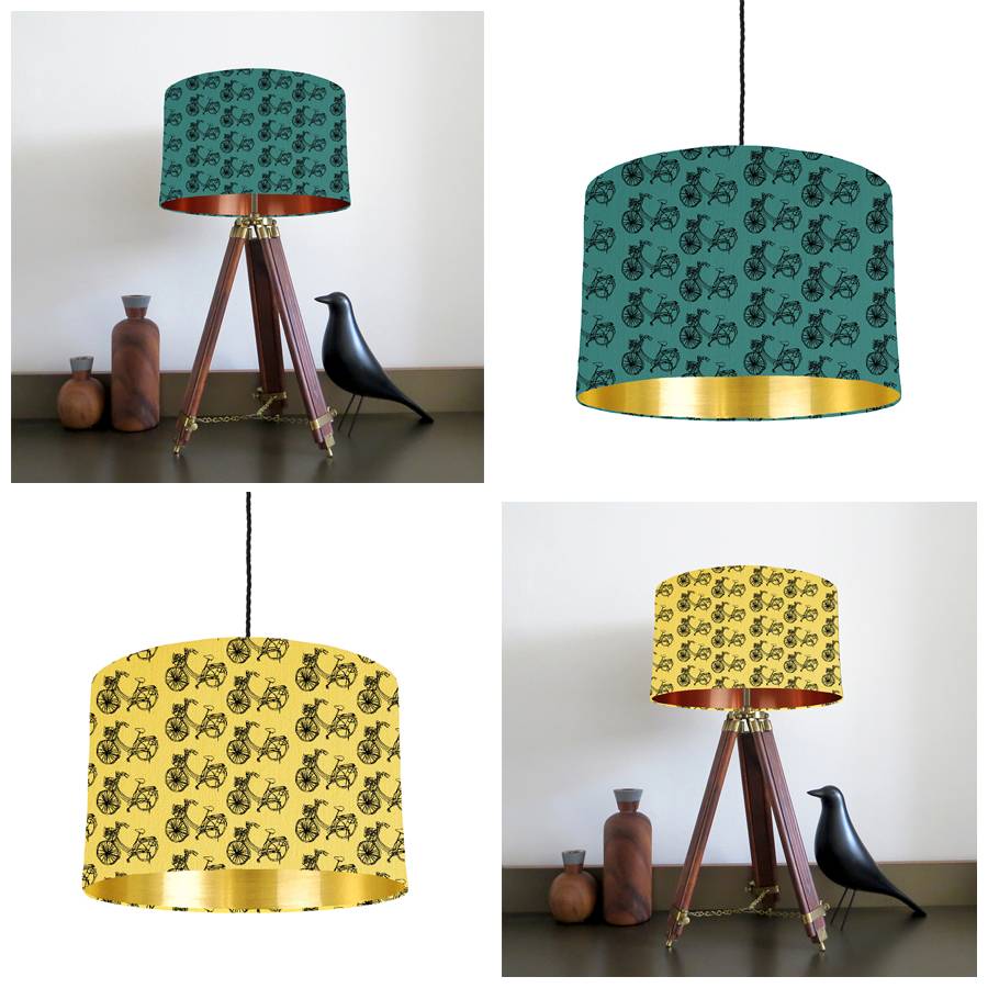 Metallic Bike Lampshade With Fabric Colour Options By Bymarie Jade Green Lemon Yellow Fabric With Copper Gold Mirrored Lining