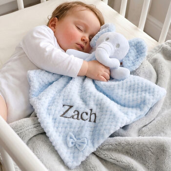Personalised Blue Sherpa Blanket Elephant Comforter Set, 3 of 9