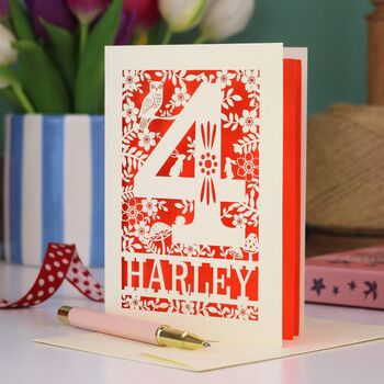 Personalised 4th Birthday Card Papercut Woodland Design, 5 of 7