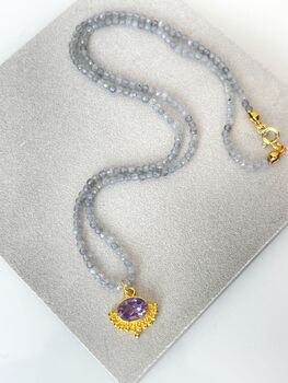 Labradorite Beaded Necklace With Fancy Amethyst Pendant, 5 of 5