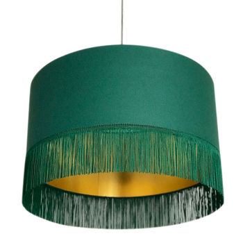 Hunter Green Cotton Lampshades With Gold Or Copper Lining And Green Fringing, 2 of 12