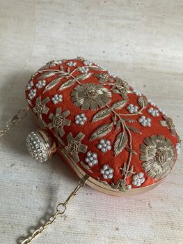 Orange Raw Silk Oval Pearl Clutch Bag, 2 of 10