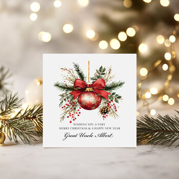 Customisable Red Bauble Christmas Card For Any Recipient, 2 of 3