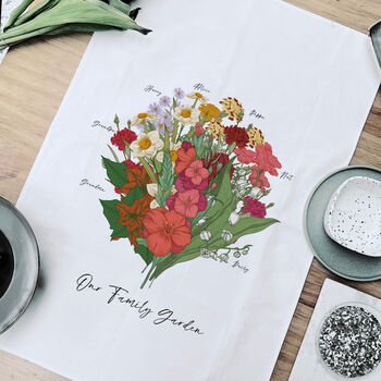 Hand Illustrated Birth Flower Family Bunch Tea Towel, 7 of 9