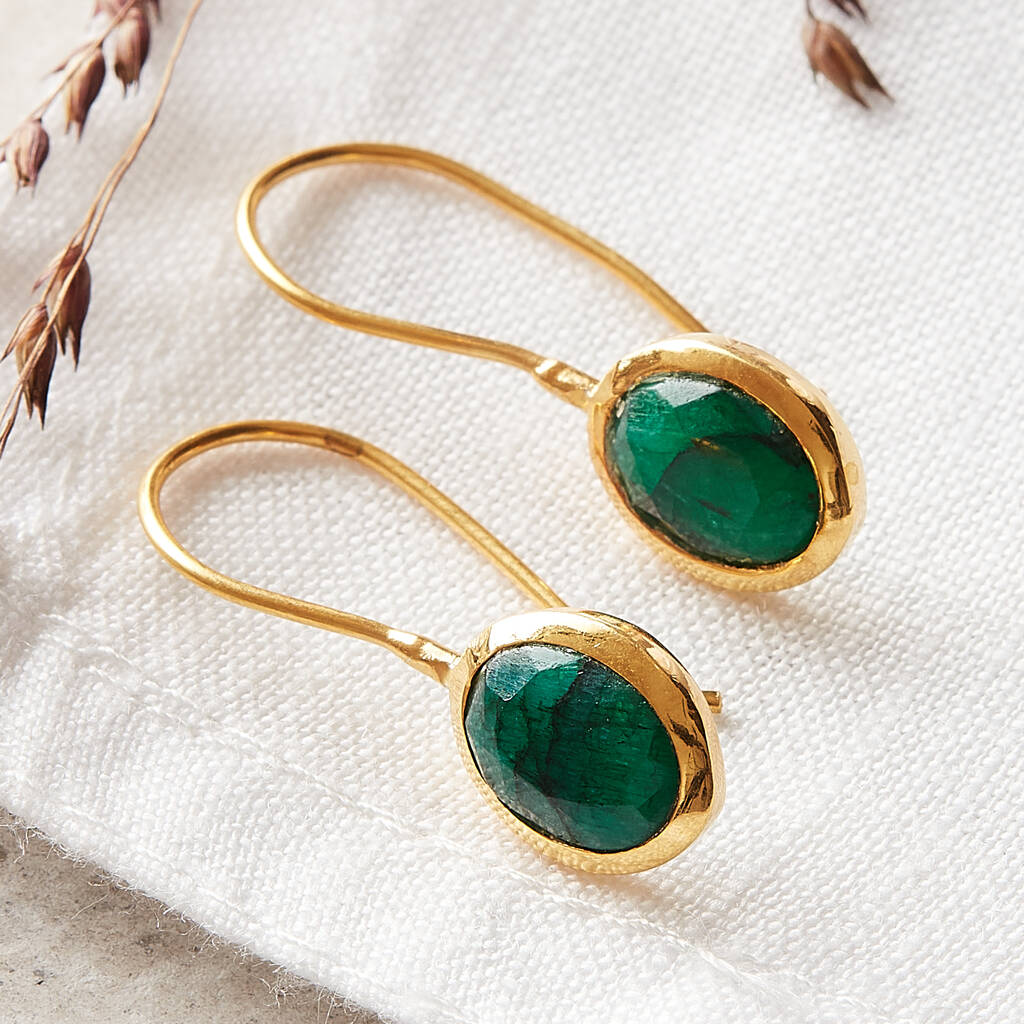 Emerald Oval Short Drop Gold Plated Silver Earrings, 1 of 10
