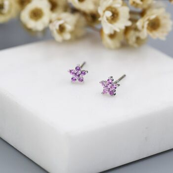 Tiny Pink Cz Flower Stud Earrings In Sterling Silver, 7 of 11