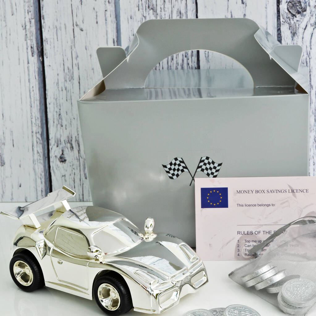 Personalised Childrens Racing Car Money Box Newborn Christening Gift Baptism 