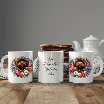 Personalised Chocolate Cockapoo Summer Floral Dog Wreath Cushion And Mug Gift Bundle, 3 of 4