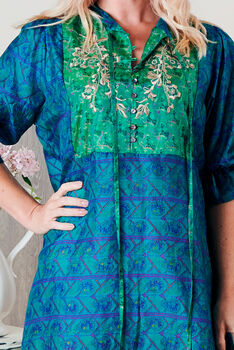 Yasmin Silk Print Embroidered Dress 10, 3 of 4