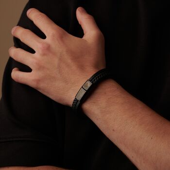 Engraved Black Leather Bracelet For Men And Women, 4 of 11