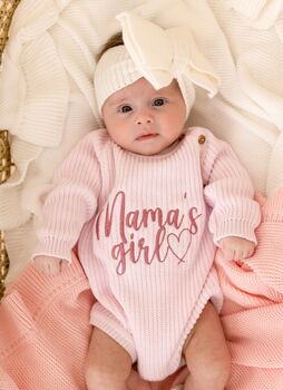 Mama's Girl/Boy Or Daddy's Girl/Boy Embroidered Baby Long Sleeve Knitted Romper, 4 of 12