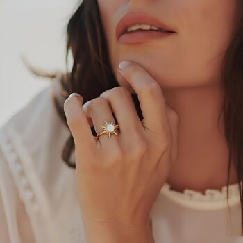 Gold Plated Sterling Silver Sun Spinner Ring With Opal And Cz Adjustable, Open, 3 of 4