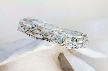 Fluid Green Amethyst And Pearl Silver Bangle, 3 of 9