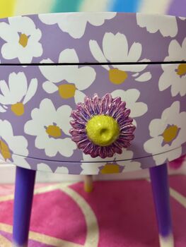 Lilac Daisy Round Wooden Side Table With Drawer, 9 of 11