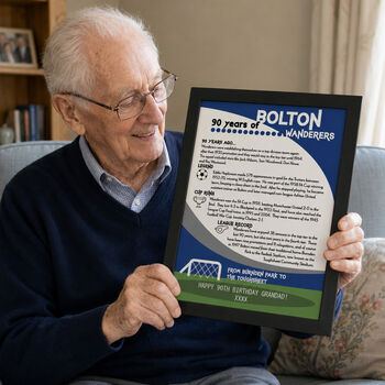 Personalised 90th Birthday Print 'Lifetime Of Support' Gift For Football Fan 50 Clubs Available, 2 of 7