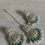 Green Gold Plated Kundan Earrings And Tikka Set, thumbnail 2 of 4