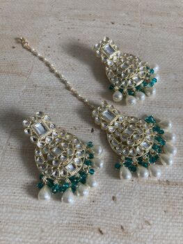 Green Gold Plated Kundan Earrings And Tikka Set, 2 of 4