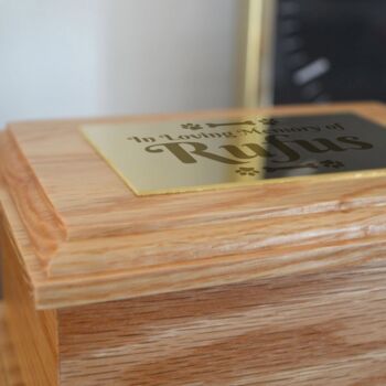 Personalised Dog Urn Pet Urn In Solid Oak With Engraved Brass Effect Plaque, 2 of 4
