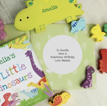 Personalised Dinosaur Book And Stacking Toy Gift, 6 of 9